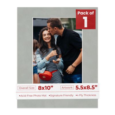 8x10 Mat Bevel Cut for 5.5x8.5 Photos - Acid Free Light Grey Suede Precut Matboard With Backing Board and Crystal Clear, Self Seal Photo Mat Bag - For Pictures, Photos, Framing - 4-ply Thickness