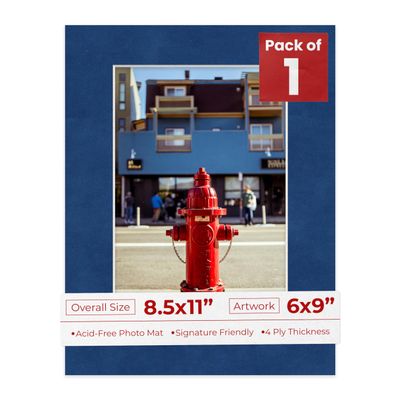 8.5x11 Mat Bevel Cut for 6x9 Photos - Acid Free Brooke Blue Suede Precut Matboard With Backing Board and Crystal Clear, Self Seal Photo Mat Bag - For Pictures, Photos, Framing - 4-ply Thickness