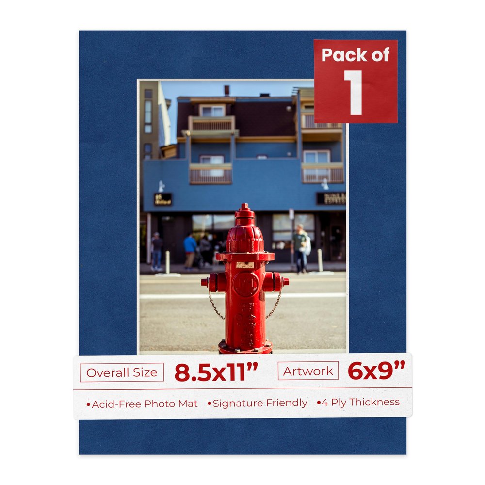 8.5x11 Mat Bevel Cut for 6x9 Photos - Acid Free Brooke Blue Suede Precut Matboard With Backing Board and Crystal Clear, Self Seal Photo Mat Bag - For Pictures, Photos, Framing - 4-ply Thickness