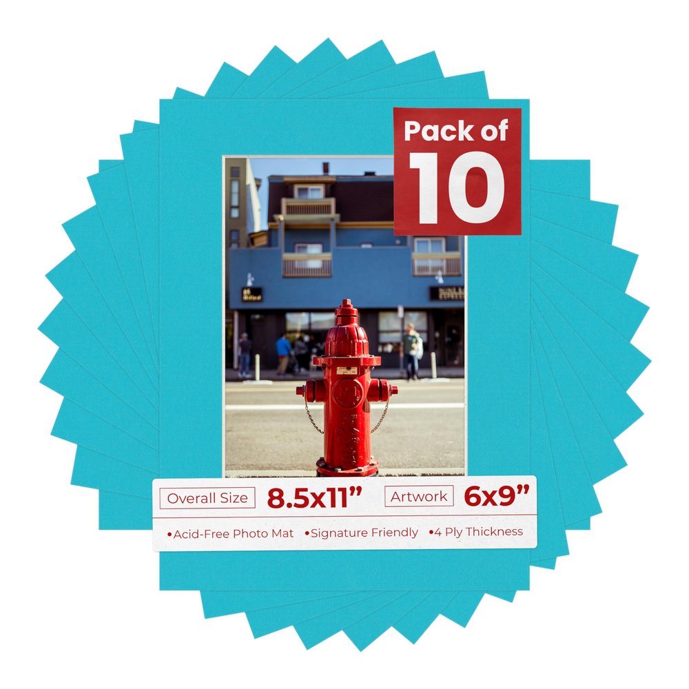 Poster Palooza Pack of TEN 8.5x11 Mats Bevel Cut for 6x9 Photos - Acid Free Aquamarine Blue Precut Matboards For Pictures, Photos, Framing - 4-ply Thickness