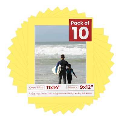 Poster Palooza Pack of Ten Acid Free 11x14 Mats Bevel Cut for 9x12 Photos - Yellow Precut Matboards With Backing Boards and Self Seal Photo Mat Bags For Pictures, Photos, Framing - 4-ply Thickness