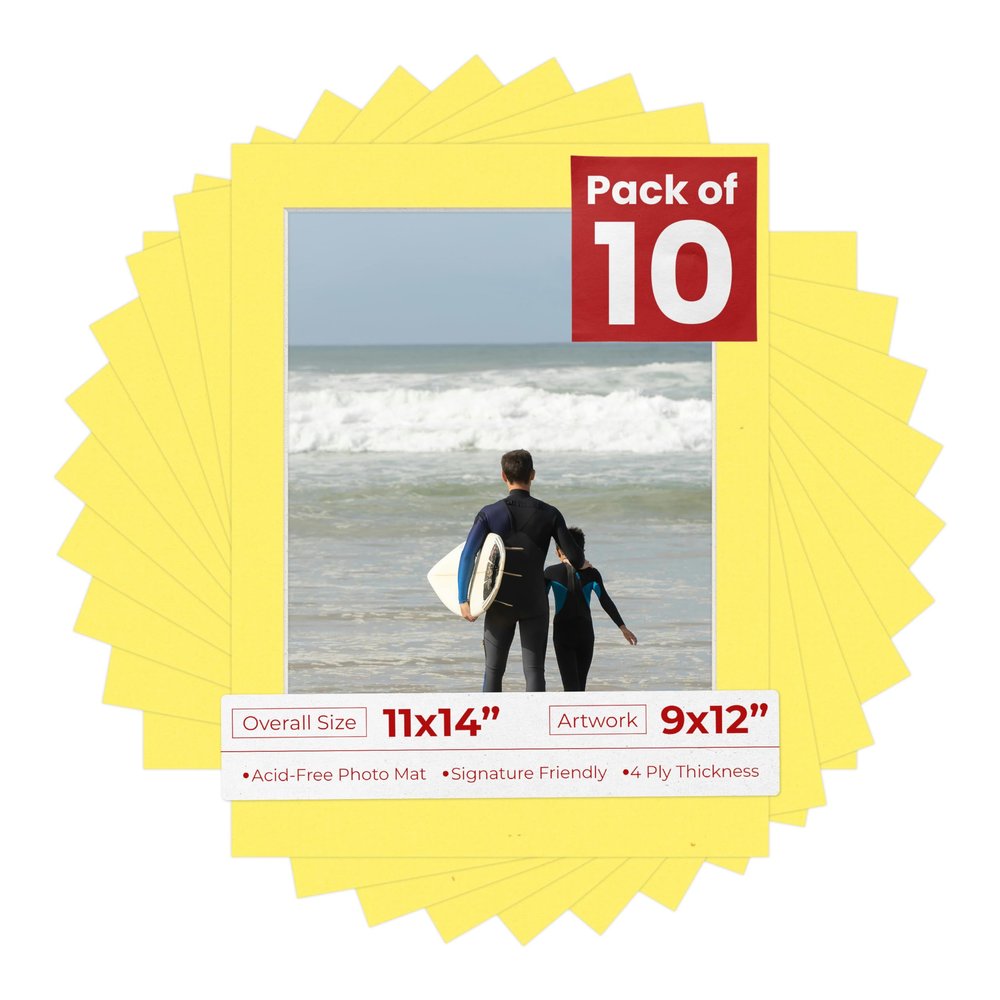Poster Palooza Pack of Ten Acid Free 11x14 Mats Bevel Cut for 9x12 Photos - Yellow Precut Matboards With Backing Boards and Self Seal Photo Mat Bags For Pictures, Photos, Framing - 4-ply Thickness