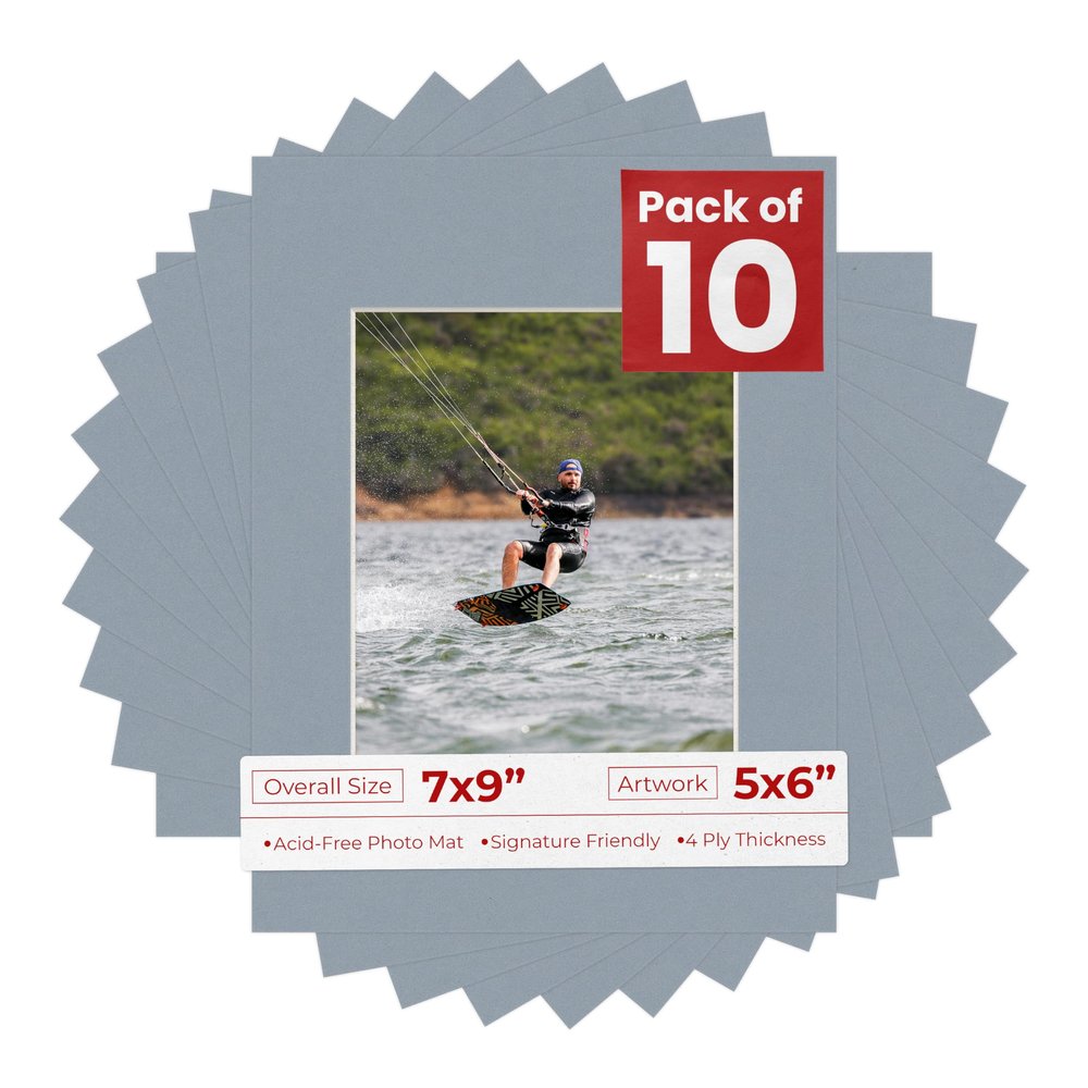 Pack of Ten 7x9 Mats Bevel Cut for 5x6 Photos - Acid Free Mid Grey Precut Matboards for Pictures, Photos, Framing - 4-ply Thickness