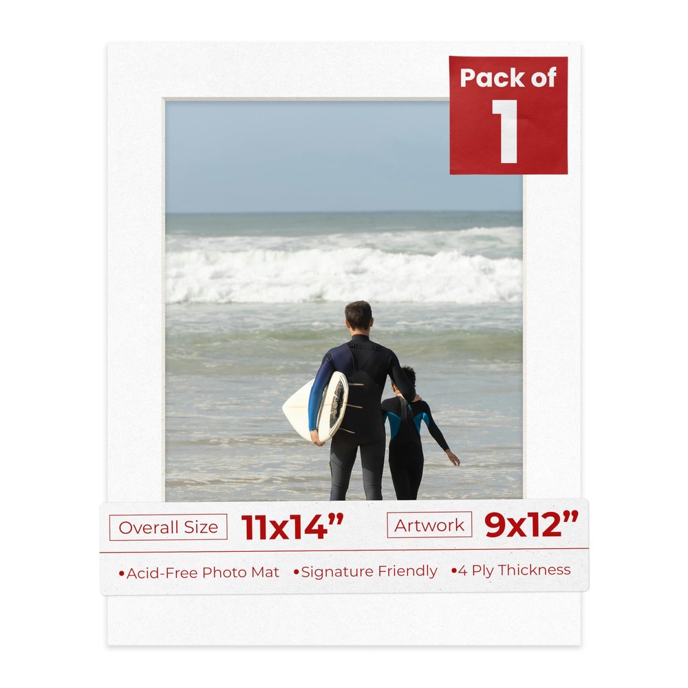 11x14 Mat Bevel Cut for 9x12 Photos - Acid Free White with Black Core Precut Matboard With Backing Board and Crystal Clear, Self Seal Photo Mat Bag - For Pictures, Photos, Framing - 4-ply Thickness