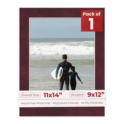 11x14 Mat Bevel Cut for 9x12 Photos - Acid Free Dark Red Suede Precut Matboard With Backing Board and Crystal Clear, Self Seal Photo Mat Bag - For Pictures, Photos, Framing - 4-ply Thickness