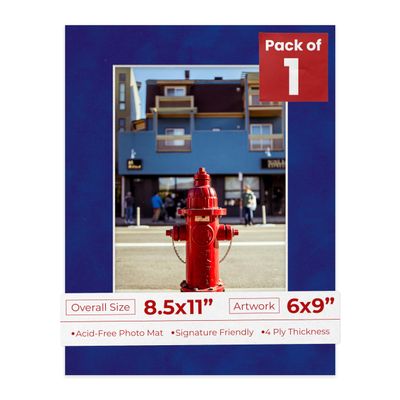 8.5x11 Mat Bevel Cut for 6x9 Photos - Acid Free Royal Blue Suede Precut Matboard With Backing Board and Crystal Clear, Self Seal Photo Mat Bag - For Pictures, Photos, Framing - 4-ply Thickness