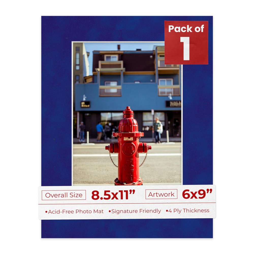 8.5x11 Mat Bevel Cut for 6x9 Photos - Acid Free Royal Blue Suede Precut Matboard With Backing Board and Crystal Clear, Self Seal Photo Mat Bag - For Pictures, Photos, Framing - 4-ply Thickness