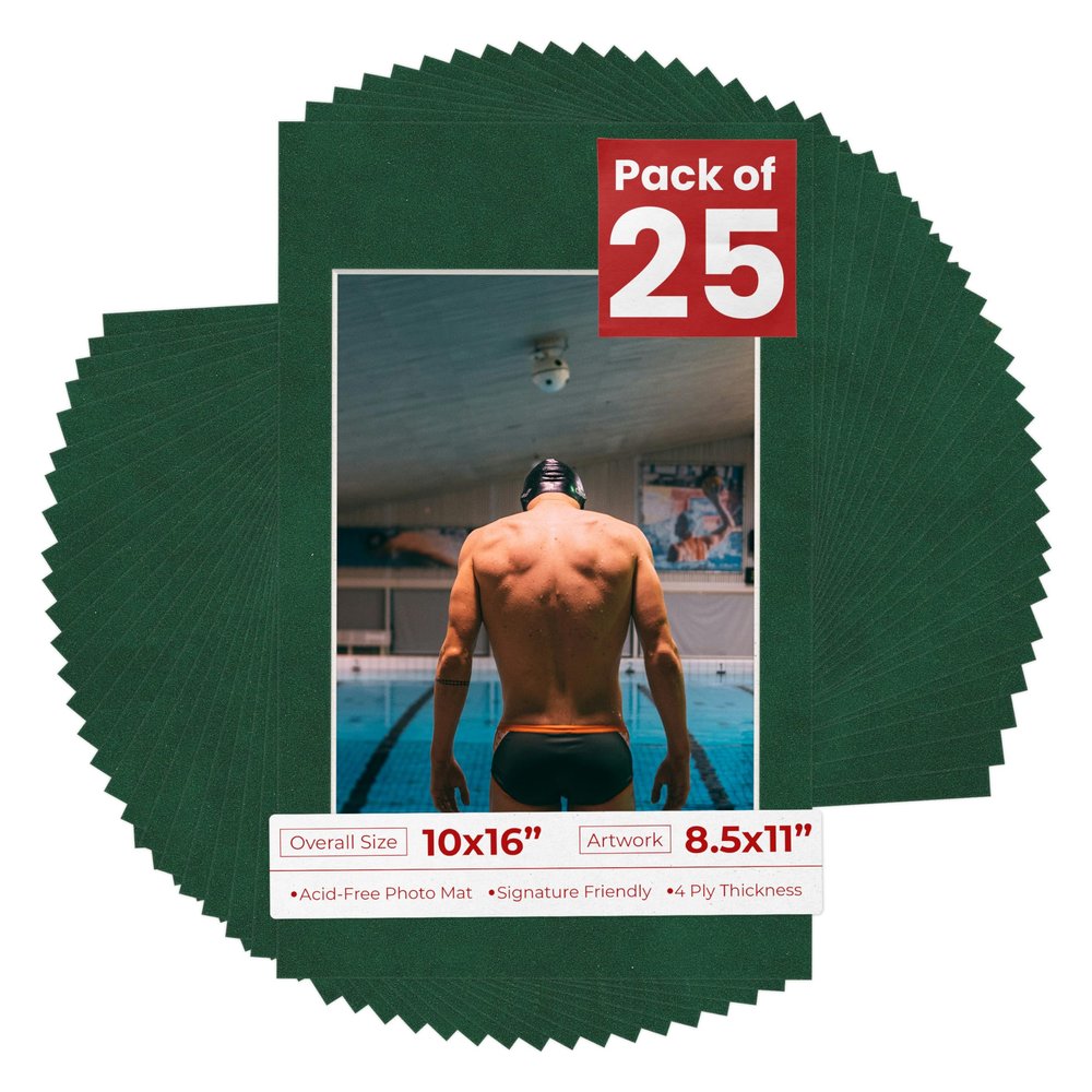 Poster Palooza Pack of 25 Acid Free 10x16 Mats Bevel Cut for 8.5x11 Photos - Green Suede Precut Matboards For Pictures, Photos, Framing - 4-ply Thickness