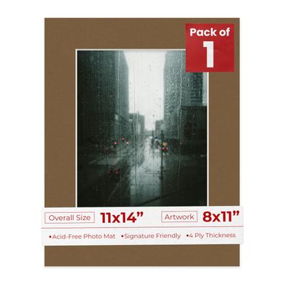 11x14 Mat Bevel Cut for 8x11 Photos - Acid Free Aged Oak Brown Precut Matboard With Backing Board and Crystal Clear, Self Seal Photo Mat Bag - For Pictures, Photos, Framing - 4-ply Thickness