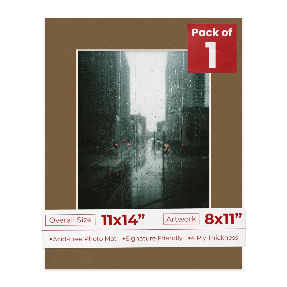 11x14 Mat Bevel Cut for 8x11 Photos - Acid Free Aged Oak Brown Precut Matboard With Backing Board and Crystal Clear, Self Seal Photo Mat Bag - For Pictures, Photos, Framing - 4-ply Thickness