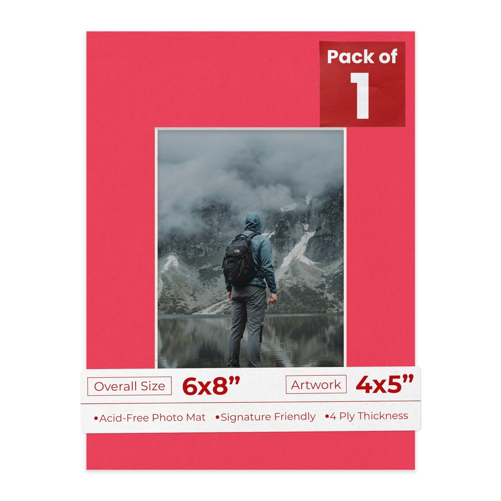 6x8 Mat Bevel Cut for 4x5 Photos - Acid Free Cardinal Red Precut Matboard With Backing Board and Crystal Clear, Self Seal Photo Mat Bag - For Pictures, Photos, Framing - 4-ply Thickness
