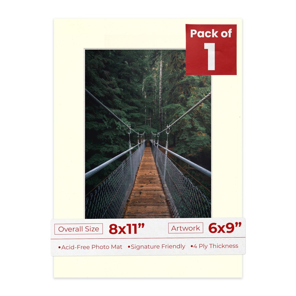 8x11 Mat Bevel Cut for 6x9 Photos - Acid Free Textured Cream Precut Matboard With Backing Board and Crystal Clear, Self Seal Photo Mat Bag - For Pictures, Photos, Framing - 4-ply Thickness