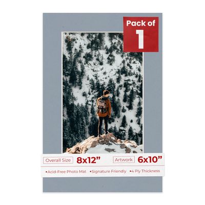 Poster Palooza 8x12 Mat Bevel Cut for 6x10 Photos - Acid Free Mid Grey Precut Matboard With Backing Board and Crystal Clear, Self Seal Photo Mat Bag - For Pictures, Photos, Framing - 4-ply Thickness