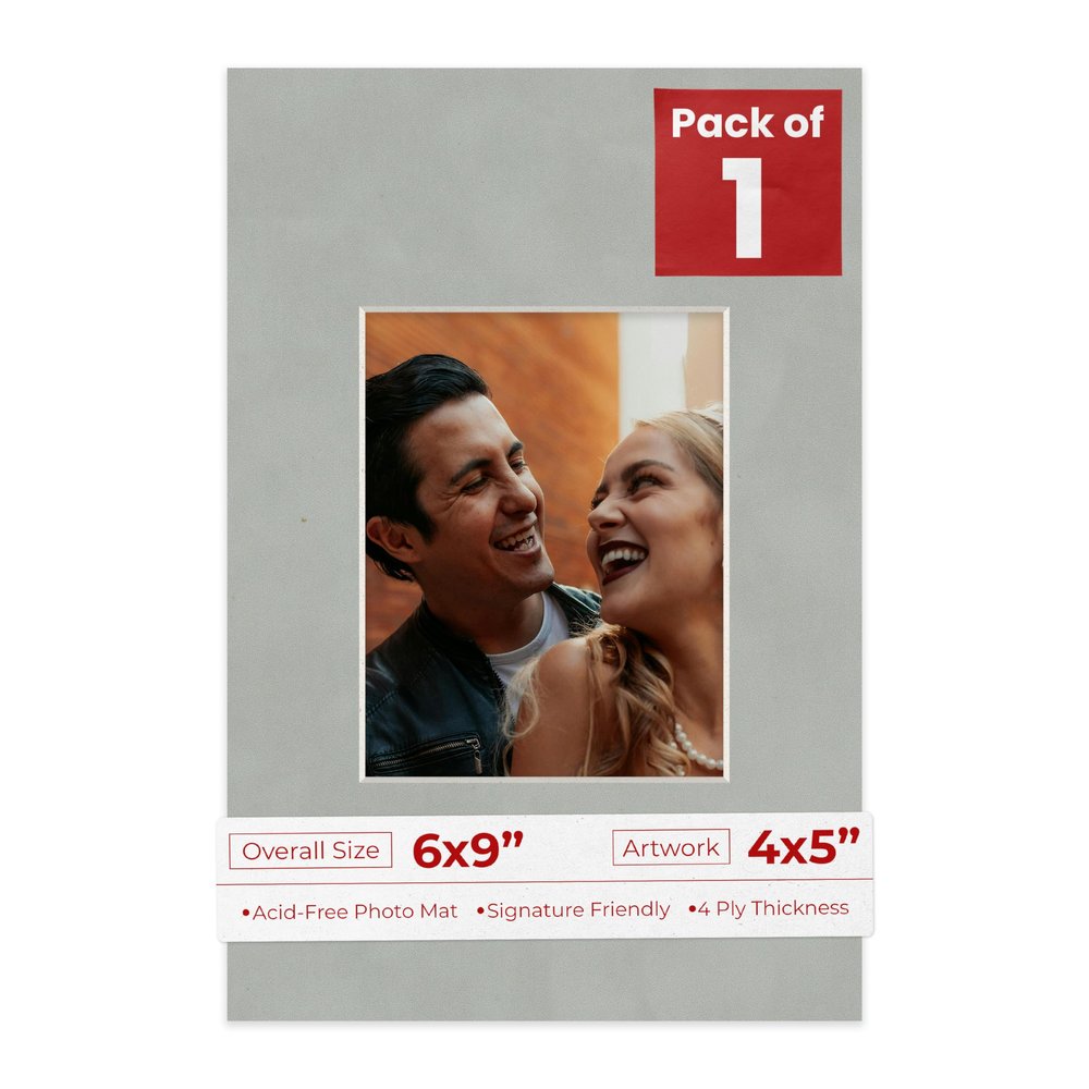 6x9 Mat Bevel Cut for 4x5 Photos - Acid Free Light Grey Suede Precut Matboard With Backing Board and Crystal Clear, Self Seal Photo Mat Bag - For Pictures, Photos, Framing - 4-ply Thickness