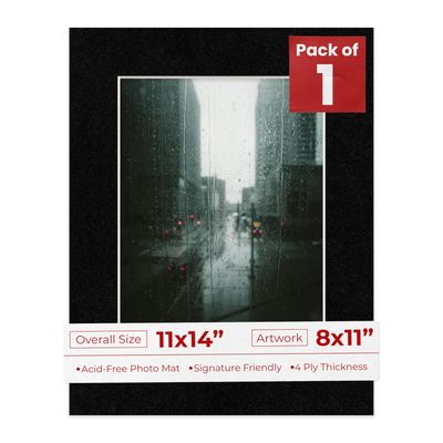 11x14 Mat Bevel Cut for 8x11 Photos - Acid Free Black with Black Core Precut Matboard With Backing Board and Crystal Clear, Self Seal Photo Mat Bag - For Pictures, Photos, Framing - 4-ply Thickness