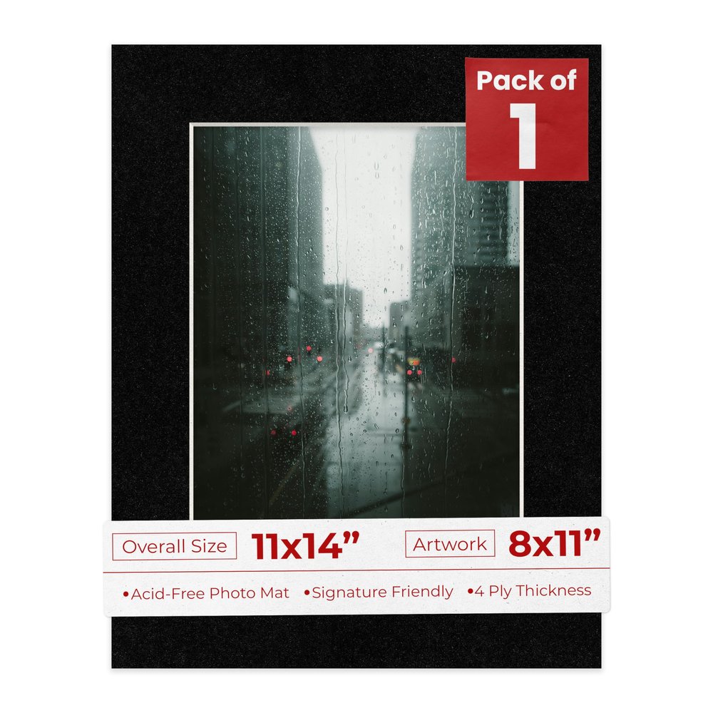 11x14 Mat Bevel Cut for 8x11 Photos - Acid Free Black with Black Core Precut Matboard With Backing Board and Crystal Clear, Self Seal Photo Mat Bag - For Pictures, Photos, Framing - 4-ply Thickness