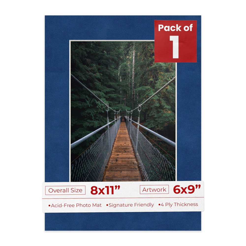 8x11 Mat Bevel Cut for 6x9 Photos - Acid Free Brooke Blue Suede Precut Matboard With Backing Board and Crystal Clear, Self Seal Photo Mat Bag - For Pictures, Photos, Framing - 4-ply Thickness