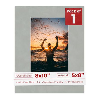 Poster Palooza 8x10 Mat Bevel Cut for 5x8 Photos - Acid Free Light Grey Suede Precut Matboard - For Pictures, Photos, Framing - 4-ply Thickness