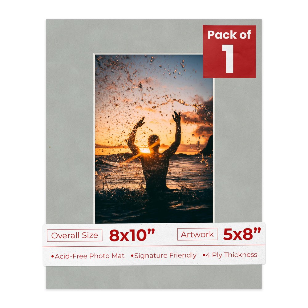 Poster Palooza 8x10 Mat Bevel Cut for 5x8 Photos - Acid Free Light Grey Suede Precut Matboard - For Pictures, Photos, Framing - 4-ply Thickness