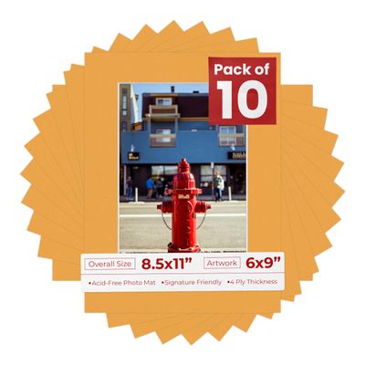 Poster Palooza Pack of TEN 8.5x11 Mats Bevel Cut for 6x9 Photos - Acid Free Golden Orange Precut Matboards For Pictures, Photos, Framing - 4-ply Thickness