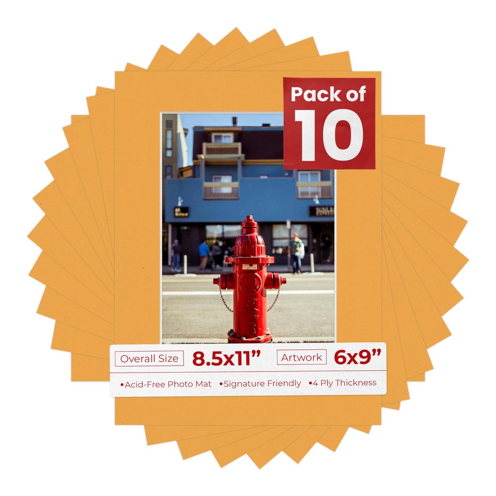 Poster Palooza Pack of TEN 8.5x11 Mats Bevel Cut for 6x9 Photos - Acid Free Golden Orange Precut Matboards For Pictures, Photos, Framing - 4-ply Thickness