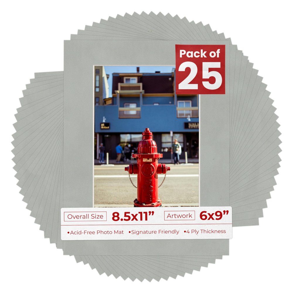 Pack of 25 Acid Free 8.5x11 Mats Bevel Cut for 6x9 Photos - Light Grey Suede Precut Matboards With Backing Boards and Clear Photo Mat Bags For Pictures, Photos, Framing - 4-ply Thickness