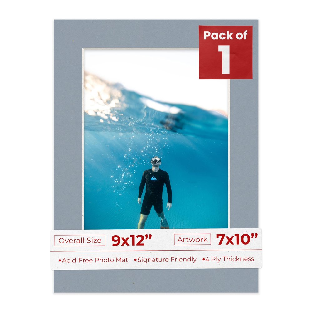 Poster Palooza 9x12 Mat Bevel Cut for 7x10 Photos - Acid Free Mid Grey Precut Matboard With Backing Board and Crystal Clear, Self Seal Photo Mat Bag - For Pictures, Photos, Framing - 4-ply Thickness