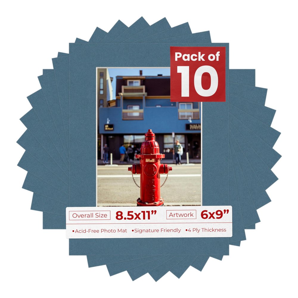 Poster Palooza Pack of TEN 8.5x11 Mats Bevel Cut for 6x9 Photos - Acid Free Steel Blue Precut Matboards For Pictures, Photos, Framing - 4-ply Thickness