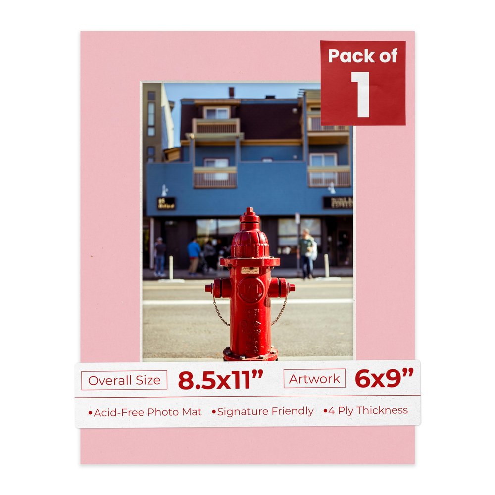 Poster Palooza 8.5x11 Mat Bevel Cut for 6x9 Photos - Acid Free Pink Precut Matboard With Backing Board and Crystal Clear, Self Seal Photo Mat Bag - For Pictures, Photos, Framing - 4-ply Thickness