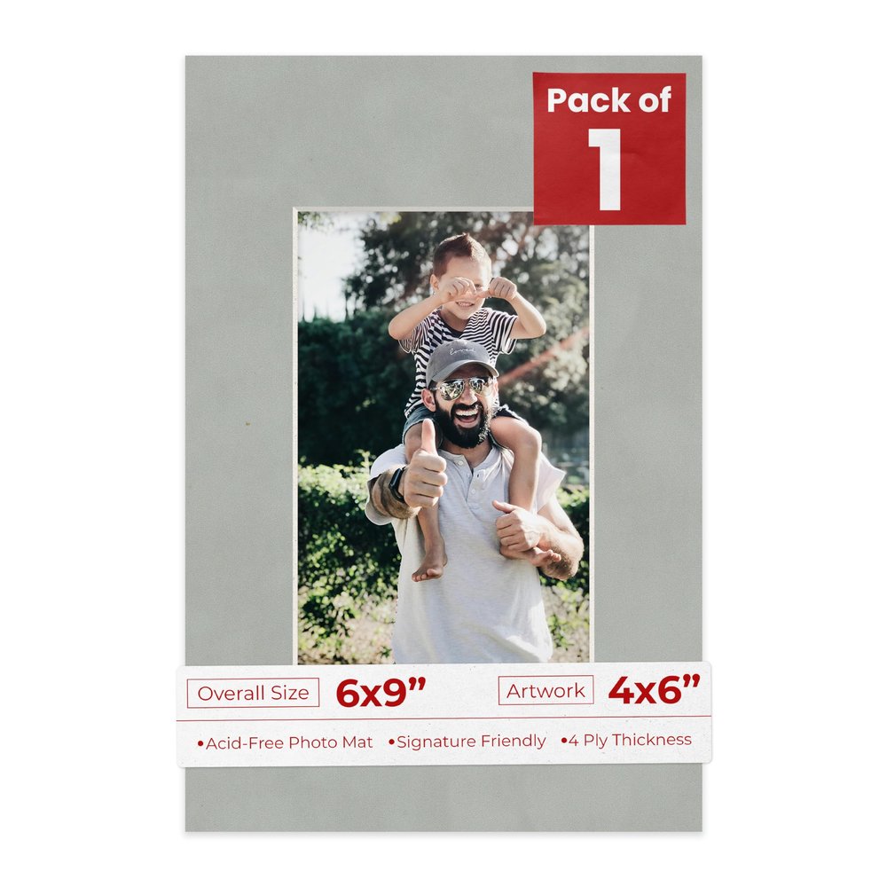 6x9 Mat Bevel Cut for 4x6 Photos - Acid Free Light Grey Suede Precut Matboard With Backing Board and Crystal Clear, Self Seal Photo Mat Bag - For Pictures, Photos, Framing - 4-ply Thickness