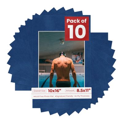 Pack of Ten Acid Free 10x16 Mats Bevel Cut for 8.5x11 Photos - Brooke Blue Suede Precut Matboards With Backing Boards and Self Seal Photo Mat Bags For Pictures, Photos, Framing - 4-ply Thickness