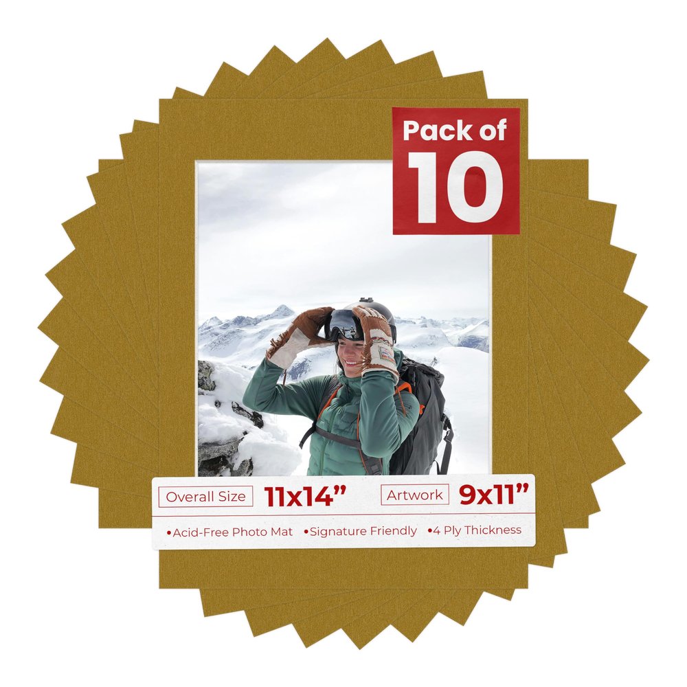 Poster Palooza Pack of TEN 11x14 Mats Bevel Cut for 9x11 Photos - Acid Free Metallic Gold Precut Matboards For Pictures, Photos, Framing - 4-ply Thickness