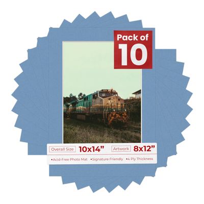 Pack of Ten 10x14 Mats Bevel Cut for 8x12 Photos - Acid Free Brittany Blue Precut Matboards for Pictures, Photos, Framing - 4-ply Thickness