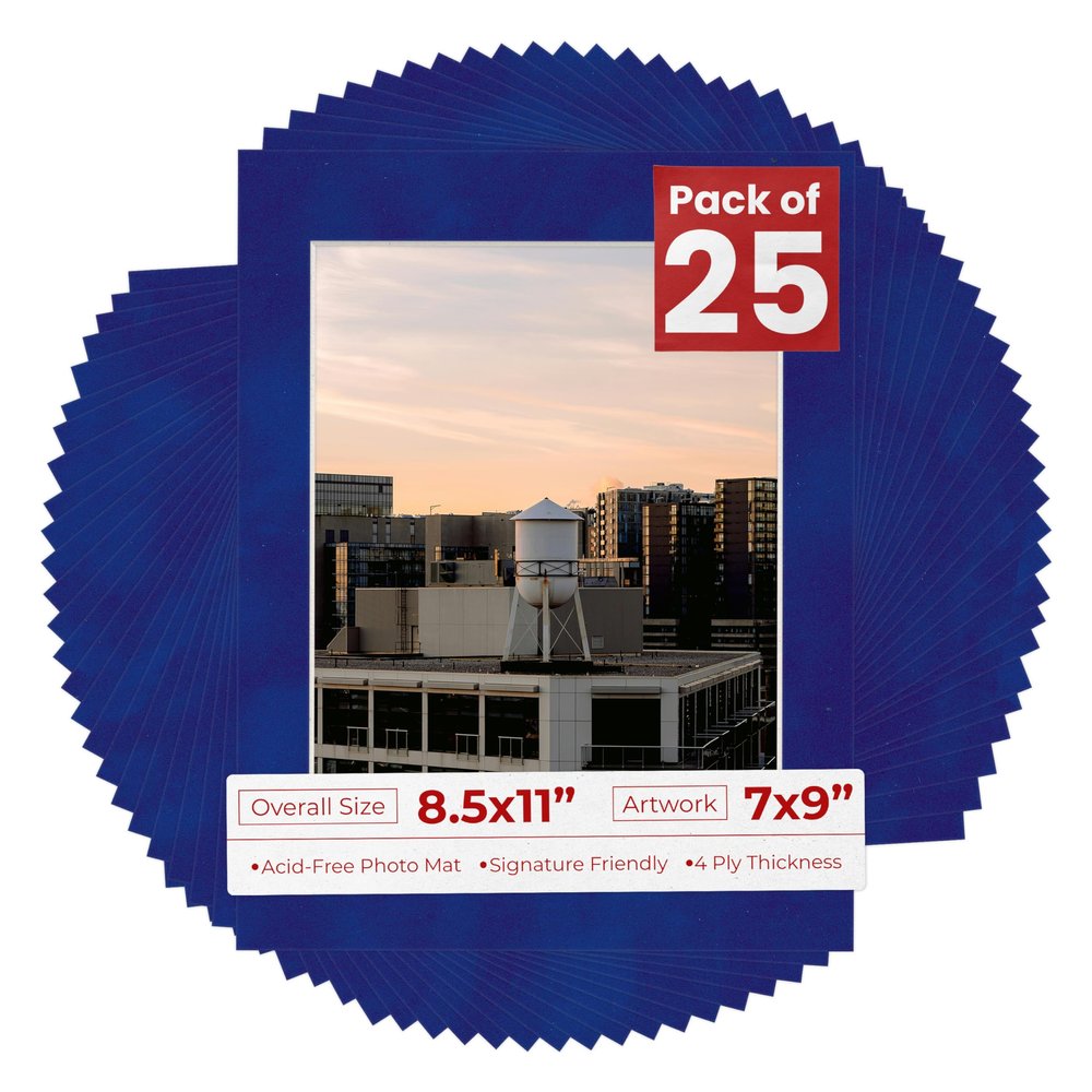 Poster Palooza Pack of 25 Acid Free 8.5x11 Mats Bevel Cut for 7x9 Photos - Royal Blue Suede Precut Matboards For Pictures, Photos, Framing - 4-ply Thickness