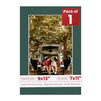 9x13 Mat Bevel Cut for 7x11 Photos - Acid Free Forest Green Precut Matboard With Backing Board and Crystal Clear, Self Seal Photo Mat Bag - For Pictures, Photos, Framing - 4-ply Thickness
