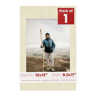 10x15 Mat Bevel Cut for 8.5x11 Photos - Acid Free Fresh Linen Canvas Precut Matboard With Backing Board and Crystal Clear, Self Seal Photo Mat Bag - For Pictures, Photos, Framing - 4-ply Thickness