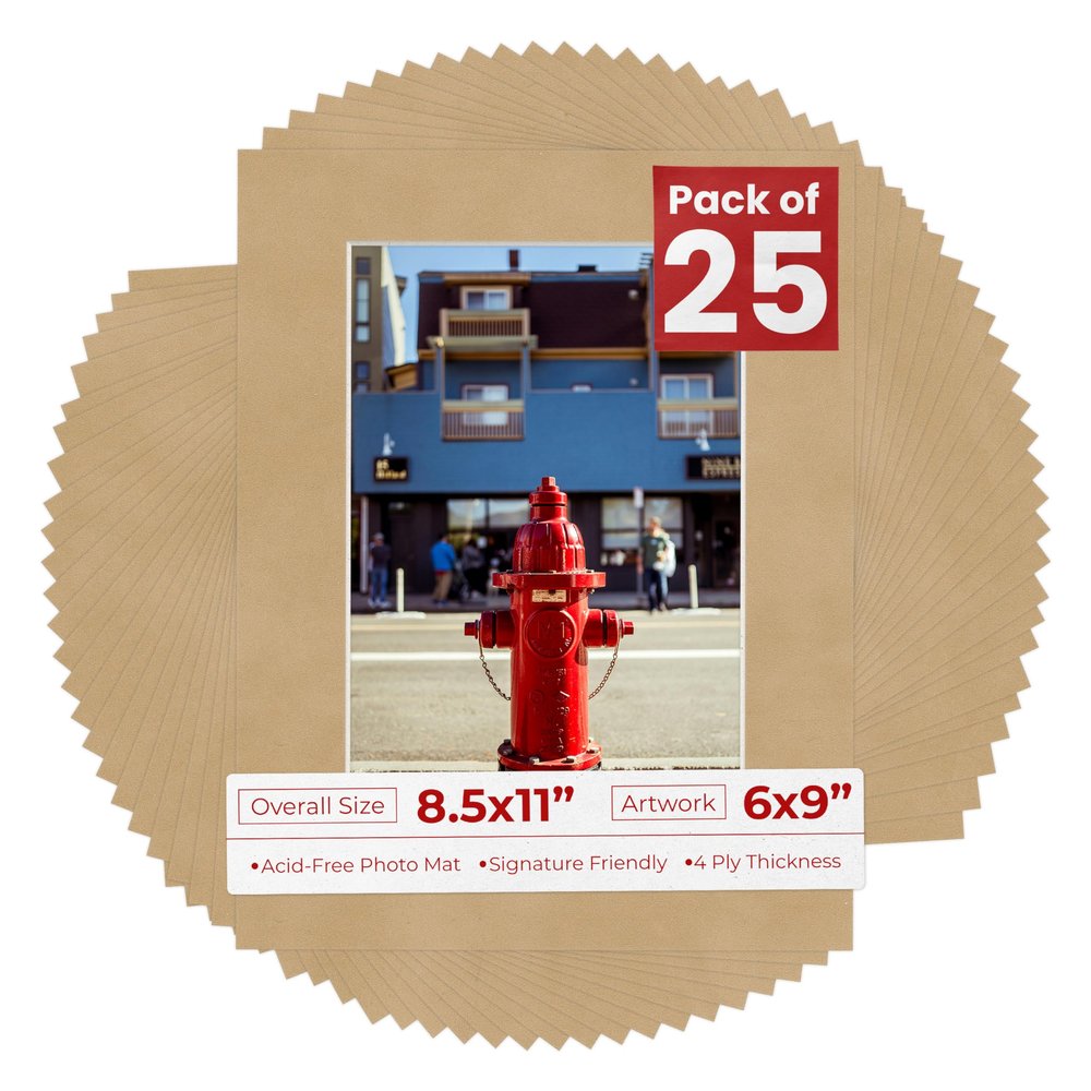 Poster Palooza Pack of 25 Acid Free 8.5x11 Mats Bevel Cut for 6x9 Photos - Beige Suede Precut Matboards For Pictures, Photos, Framing - 4-ply Thickness