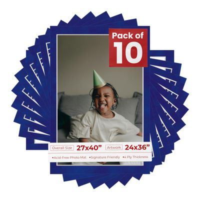 Poster Palooza Pack of TEN 27x40 Mats Bevel Cut for 24x36 Photos - Acid Free Royal Blue Suede Precut Matboards For Pictures, Photos, Framing - 4-ply Thickness