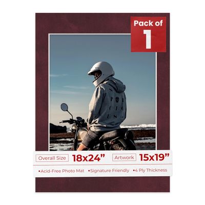 18x24 Mat Bevel Cut for 15x19 Photos - Acid Free Dark Red Suede Precut Matboard With Backing Board and Crystal Clear, Self Seal Photo Mat Bag - For Pictures, Photos, Framing - 4-ply Thickness