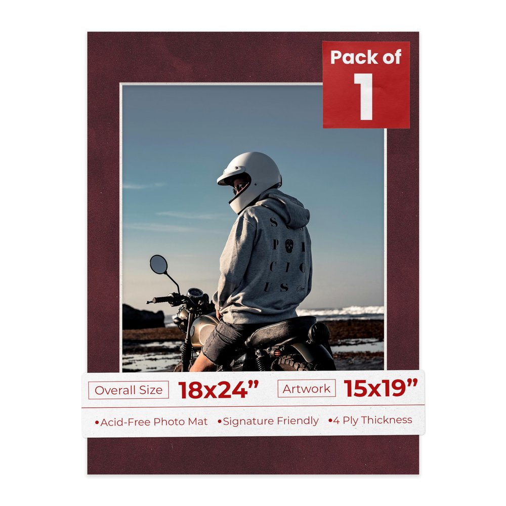 18x24 Mat Bevel Cut for 15x19 Photos - Acid Free Dark Red Suede Precut Matboard With Backing Board and Crystal Clear, Self Seal Photo Mat Bag - For Pictures, Photos, Framing - 4-ply Thickness