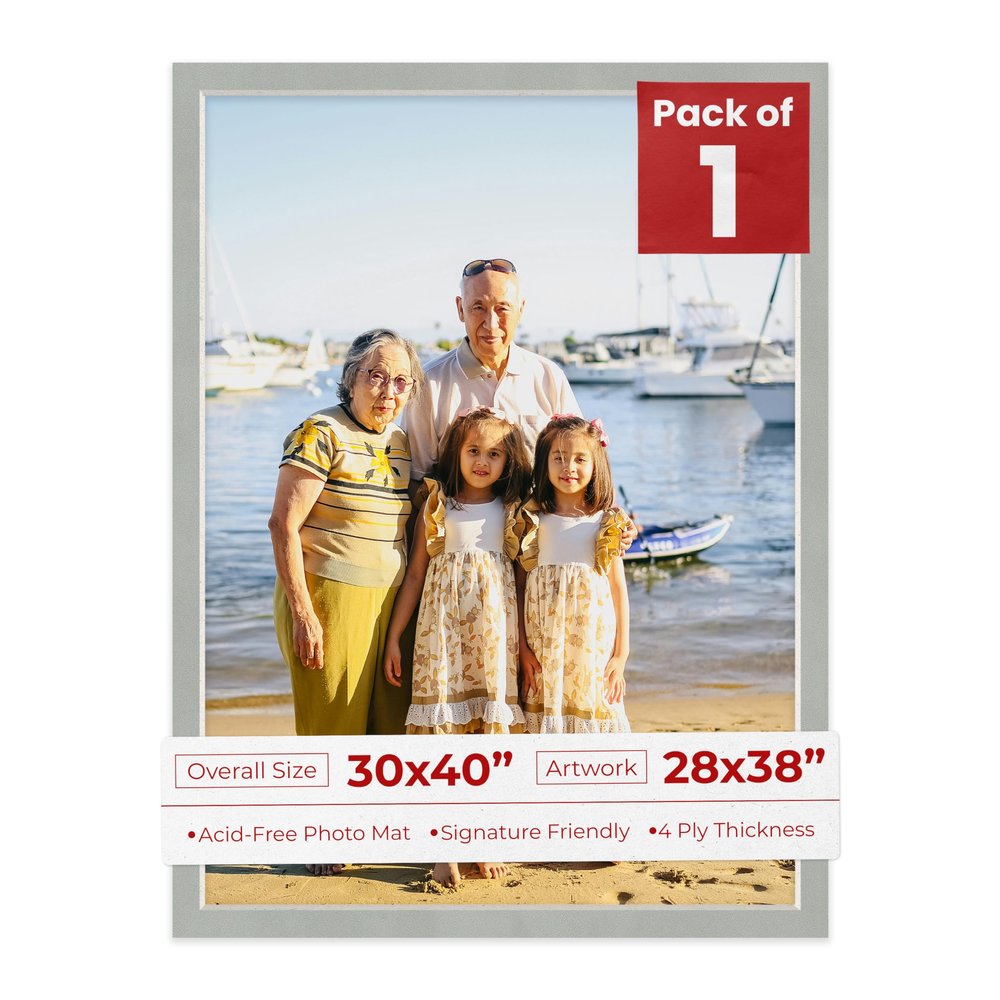 30x40 Mat Bevel Cut for 28x38 Photos - Acid Free Light Grey Suede Precut Matboard With Backing Board and Crystal Clear, Self Seal Photo Mat Bag - For Pictures, Photos, Framing - 4-ply Thickness
