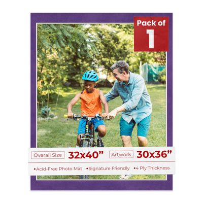 32x40 Mat Bevel Cut for 30x36 Photos - Acid Free Purple Crocus Suede Precut Matboard With Backing Board and Crystal Clear, Self Seal Photo Mat Bag - For Pictures, Photos, Framing - 4-ply Thickness