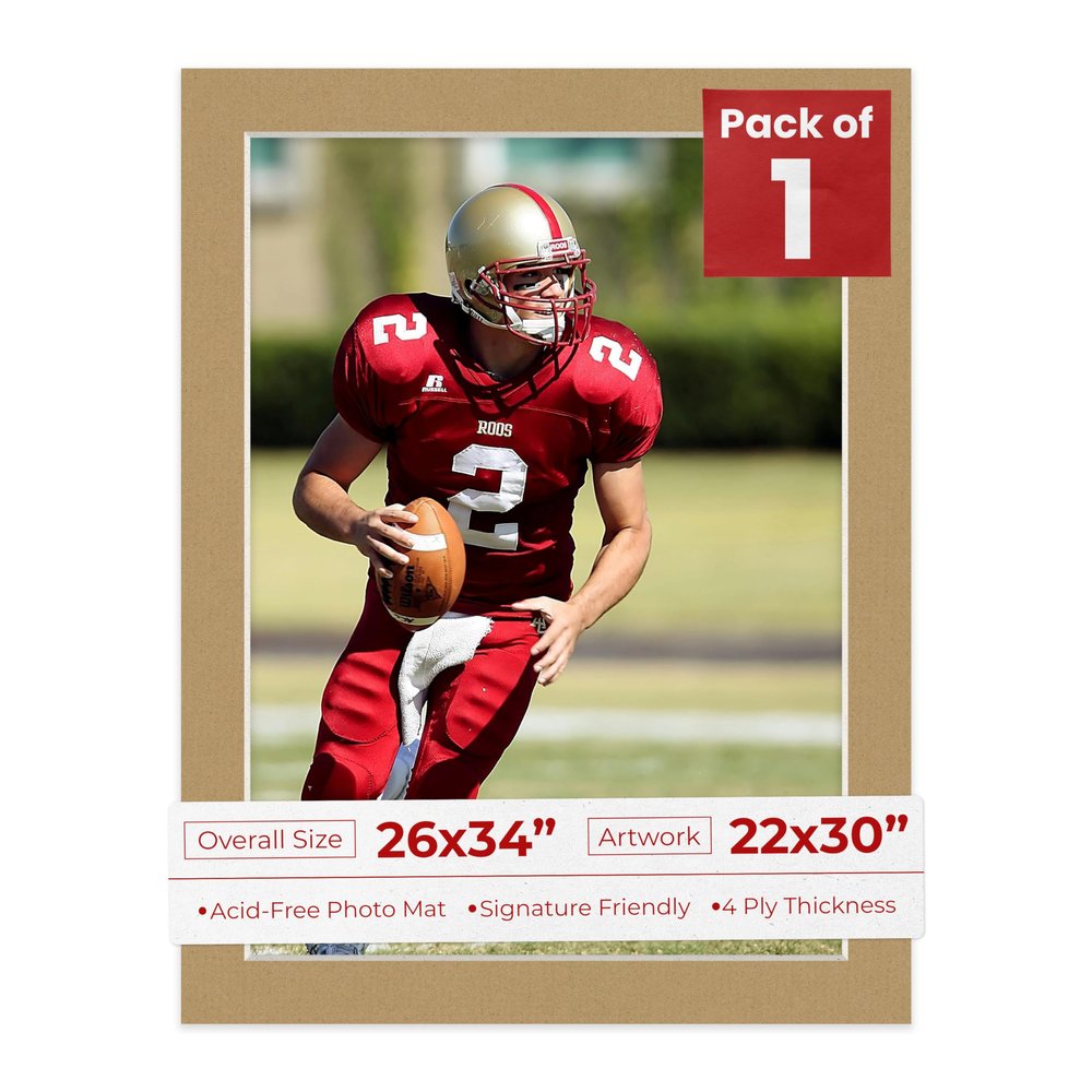 26x34 Mat Bevel Cut for 22x30 Photos - Acid Free Rattan Beige Precut Matboard With Backing Board and Crystal Clear, Self Seal Mat Bag - For Pictures, Framing - 4-ply Thickness