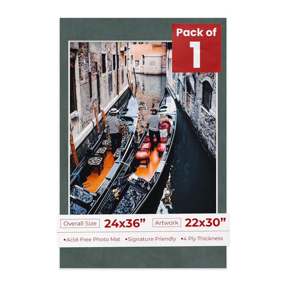 24x36 Mat Bevel Cut for 22x30 Photos - Acid Free Dark Grey Suede Precut Matboard With Backing Board and Crystal Clear, Self Seal Photo Mat Bag - For Pictures, Photos, Framing - 4-ply Thickness