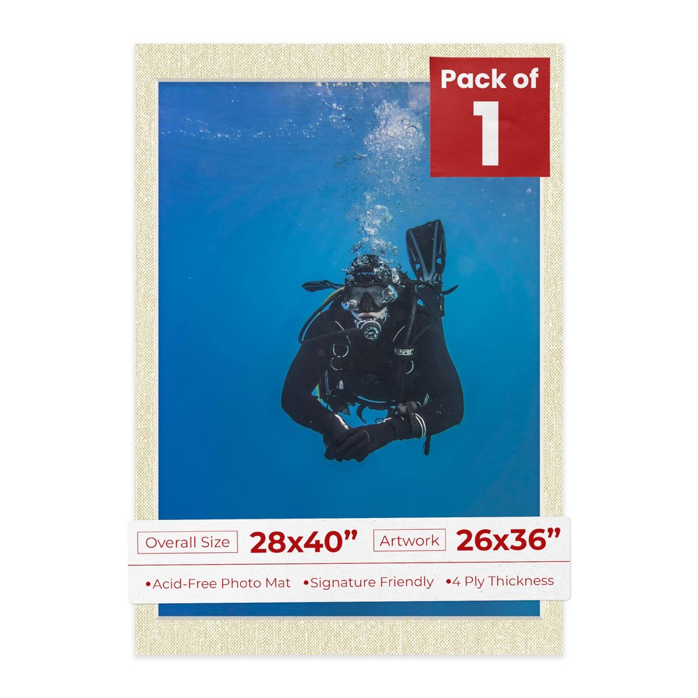 28x40 Mat Bevel Cut for 26x36 Photos - Acid Free Fresh Linen Canvas Precut Matboard With Backing Board and Crystal Clear, Self Seal Photo Mat Bag - For Pictures, Photos, Framing - 4-ply Thickness