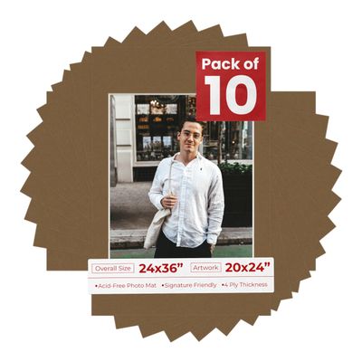 Poster Palooza Pack of TEN 24x36 Mats Bevel Cut for 20x24 Photos - Acid Free Aged Oak Brown Precut Matboards For Pictures, Photos, Framing - 4-ply Thickness