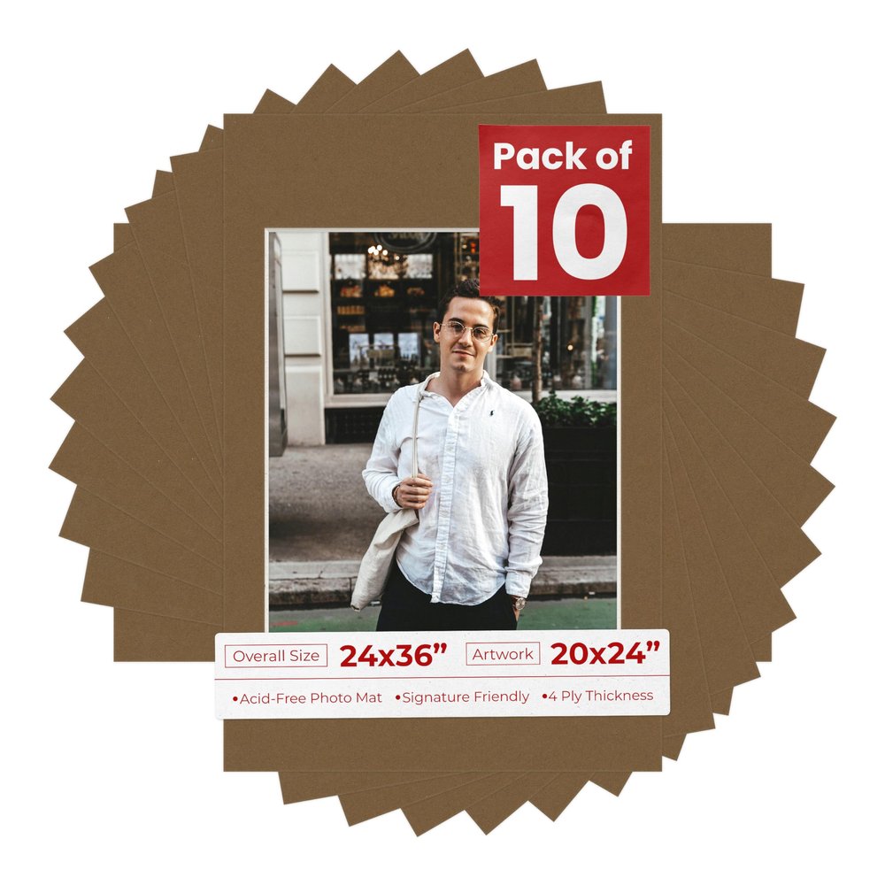 Poster Palooza Pack of TEN 24x36 Mats Bevel Cut for 20x24 Photos - Acid Free Aged Oak Brown Precut Matboards For Pictures, Photos, Framing - 4-ply Thickness