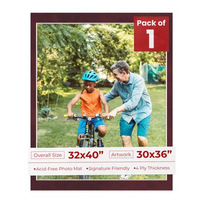 32x40 Mat Bevel Cut for 30x36 Photos - Acid Free Dark Red Suede Precut Matboard With Backing Board and Crystal Clear, Self Seal Photo Mat Bag - For Pictures, Photos, Framing - 4-ply Thickness