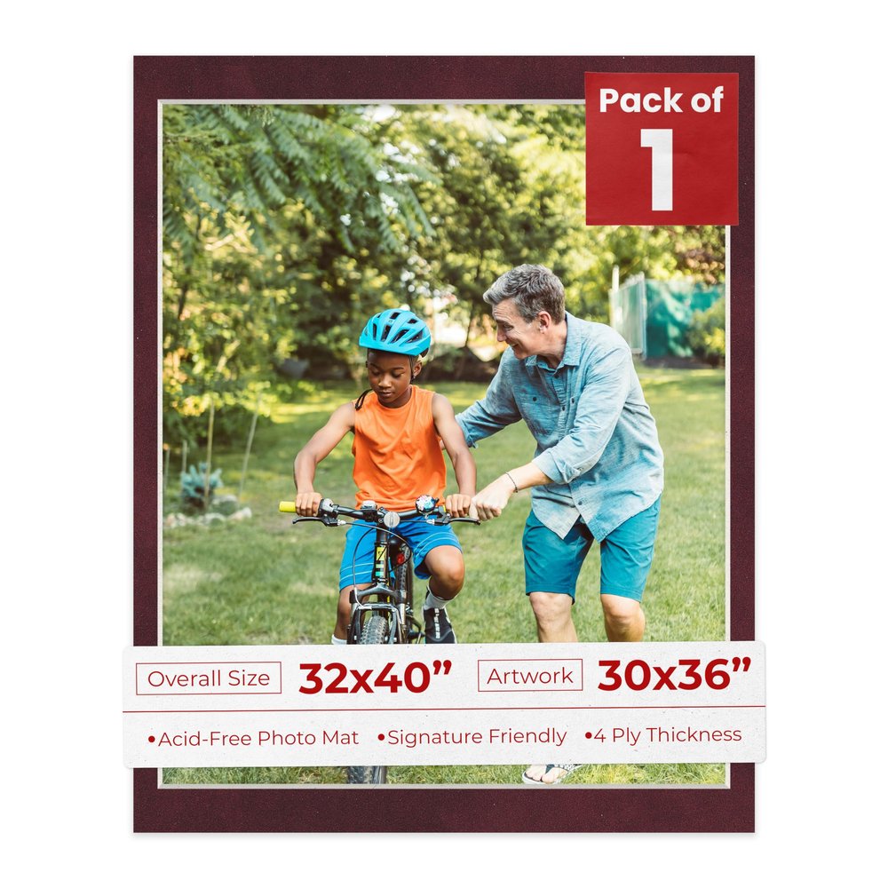 32x40 Mat Bevel Cut for 30x36 Photos - Acid Free Dark Red Suede Precut Matboard With Backing Board and Crystal Clear, Self Seal Photo Mat Bag - For Pictures, Photos, Framing - 4-ply Thickness