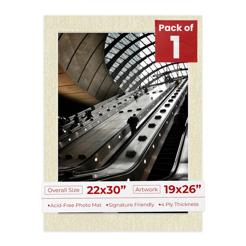 22x30 Mat Bevel Cut for 19x26 Photos - Acid Free Fresh Linen Canvas Precut Matboard With Backing Board and Crystal Clear, Self Seal Photo Mat Bag - For Pictures, Photos, Framing - 4-ply Thickness